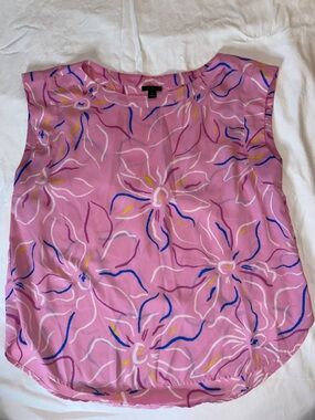 Ann Taylor Pink Floral Sleeveless Shell with Blue & Yellow Details